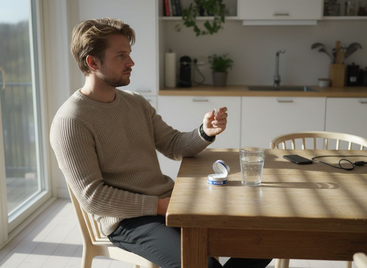 Ein Erwachsener sitzt entspannt am Küchentisch und genießt einen Snus-Pouch.
